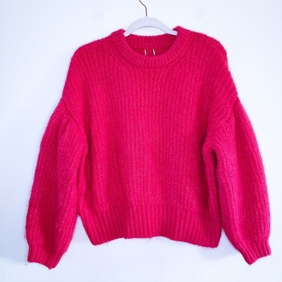 Sweaters - Chunky Knit Bright Pink Gathered Balloon Sleeve Crewneck Sweater